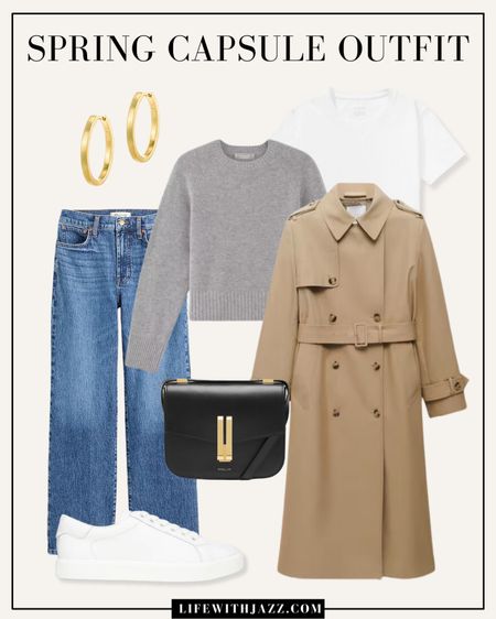 Spring smart casual outfit 🤍

Mid blue wash jeans / white tank / gray cashmere sweater / trench coat / sneakers / gold earrings / black purse / smart casual / running errands / weekend outfit 

#LTKstyletip #LTKSeasonal