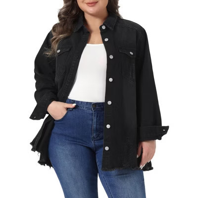 Agnes Orinda Women's Plus Size Button Denim Long Boyfriend Long Sleeve with Pockets Casual Shirt Jean Jackets Black 4X | Target
