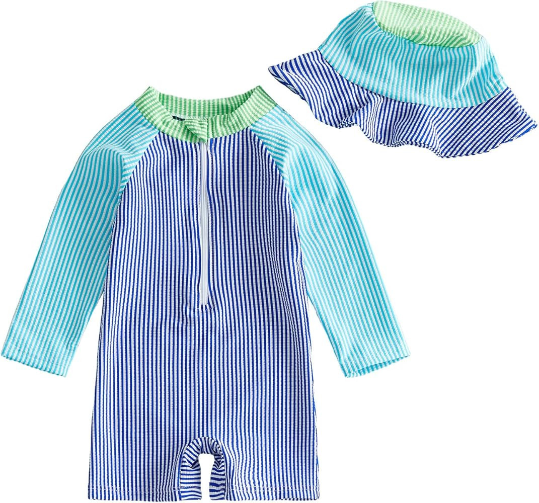 Toddler Baby Boys Seersucker Long Sleeve One Piece Rash Guard Swimsuit Zipper Bathing Suit Swimwe... | Amazon (US)