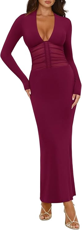 REORIA Women's Sexy Deep V Neck Long Sleeve Dress Mesh Sheer Ruched See Through Bodycon Maxi Long... | Amazon (US)