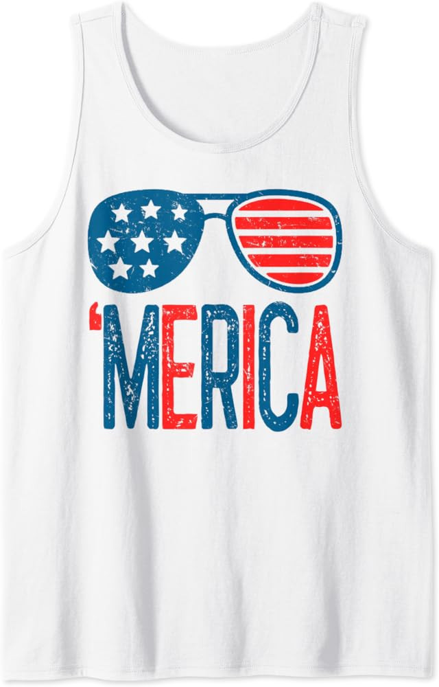 Merica American Flag Shirt Funny Aviator Sunglasses 4th July Tank Top | Amazon (US)