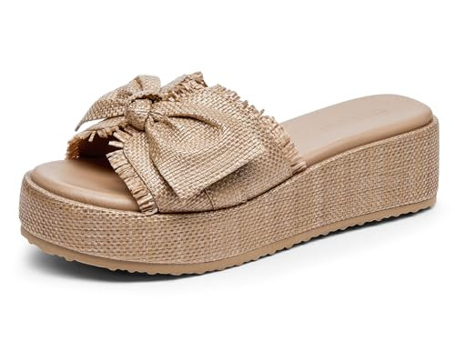 Coutgo Womens Platform Wedge Sandals Bow Open Toe Slide Sandals Straw Slip On Summer Beach Shoes | Amazon (US)