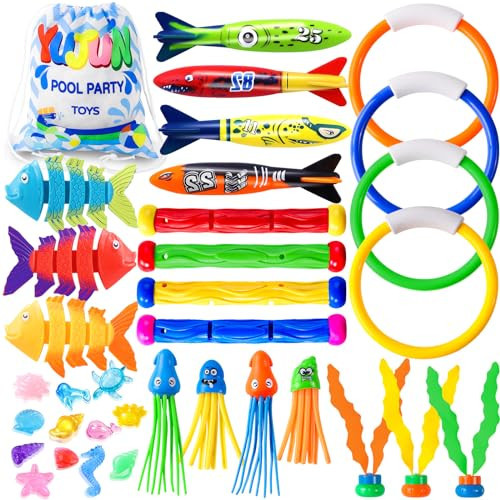 YUJUN 35PCS Pool Diving Swimming Toys, Summer Underwater Game Toys with Pool Fishes Dive Sticks Rings Gems Storage Bag for Kids Swim Birthday Party Favors | Amazon (US)