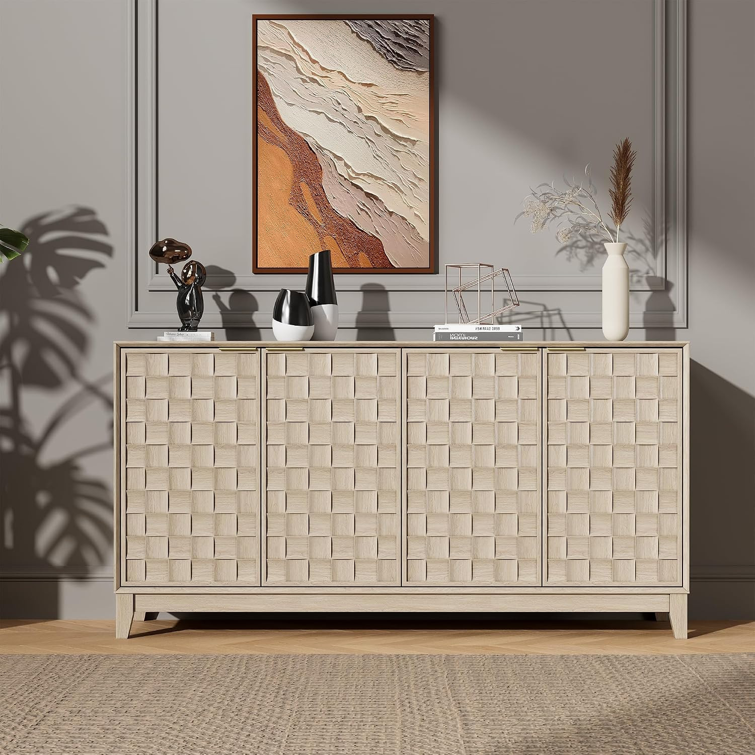 MALOL Fluted Sideboard Buffet Cabinet with Storage, 59" Wood Buffet Table with 4 3D-Checkerboard Doors & Adjustable Shelves, Kitchen Dining Room Coffee Bar Cabinet, Mid Century Modern Style, Oak | Amazon (US)