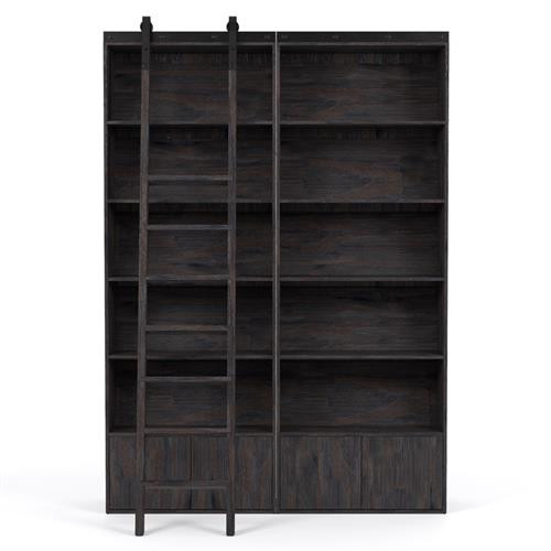 Smith Dark Brown Pine Wood Black Iron Closed Back Double Bookcase with Ladder | Kathy Kuo Home