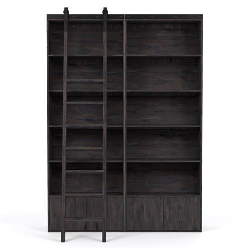 Smith Dark Brown Pine Wood Black Iron Closed Back Double Bookcase with Ladder | Kathy Kuo Home