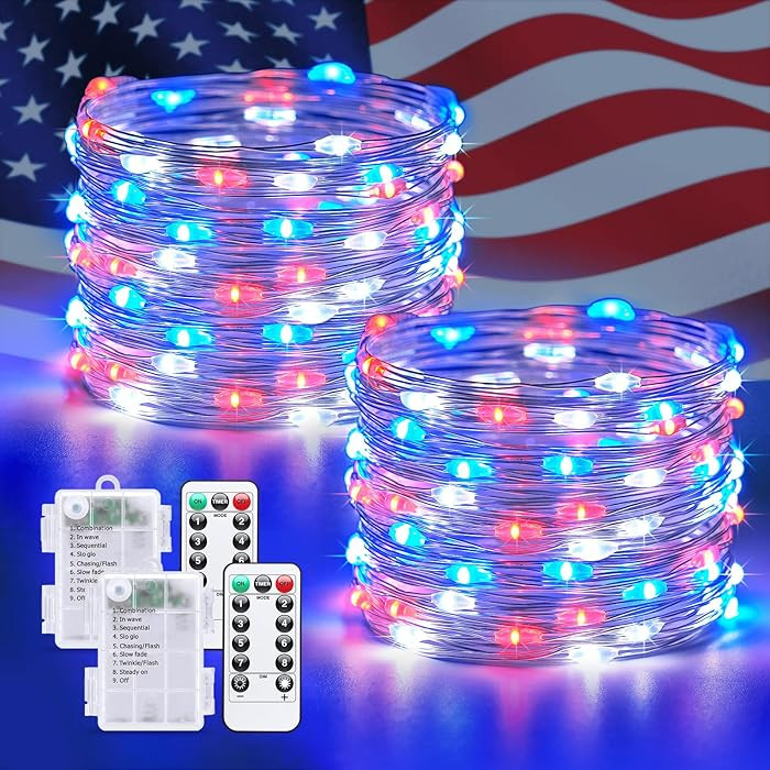 JMEXSUSS 2 Pack Red White and Blue Fairy Lights Battery Operated, Total 200 LED 66ft Battery Powe... | Amazon (US)