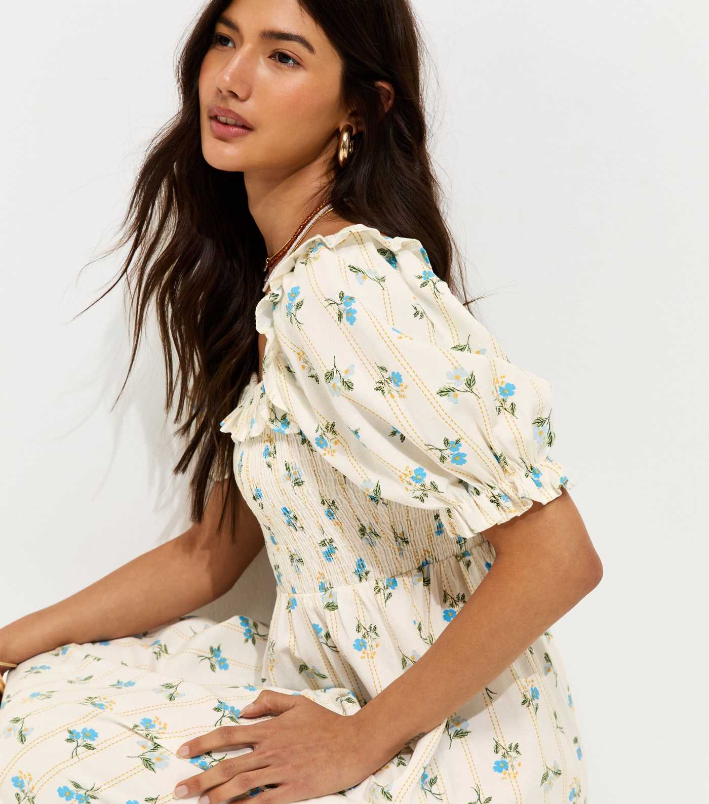 Cream Floral Print Shirred Frill Trim Midi Dress | New Look | New Look (UK)