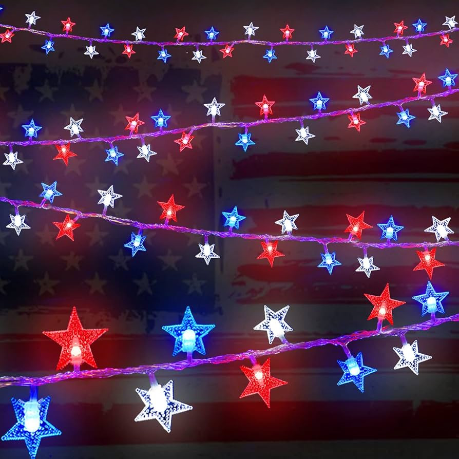 4th of July Star String Lights 100 LED 33FT, Memorial Day Decoration Red White Blue Star Lights P... | Amazon (US)