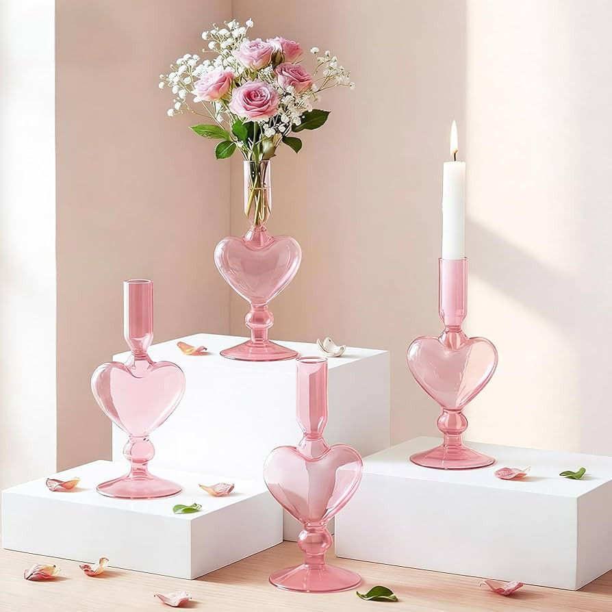 4pcs Valentine's Day Candle Holder 7" Heart Glass Taper Candlestick Holder Valentines Heart Candl... | Amazon (US)