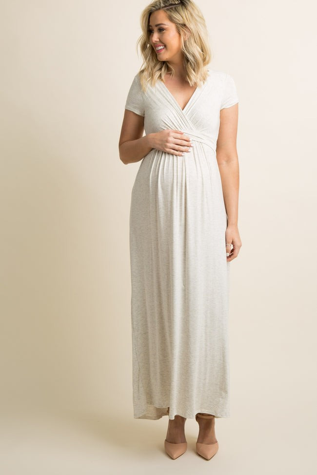 PinkBlush Beige Draped Maternity/Nursing Maxi Dress | PinkBlush Maternity
