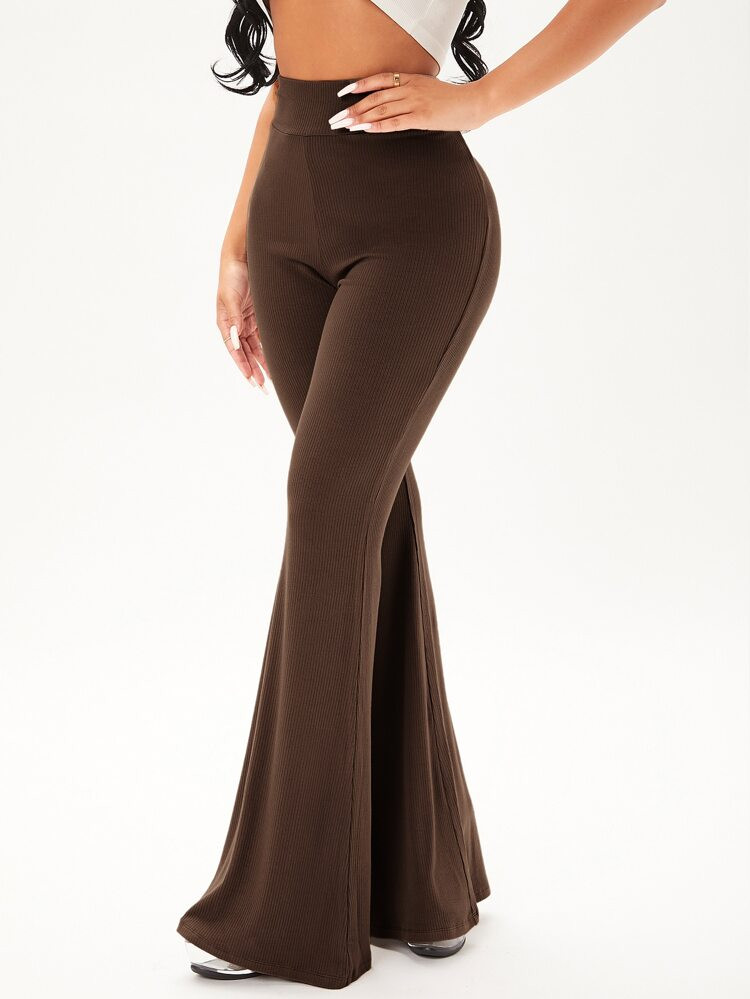 SHEIN SXY Solid Rib Knit Flare Leg Pants | SHEIN