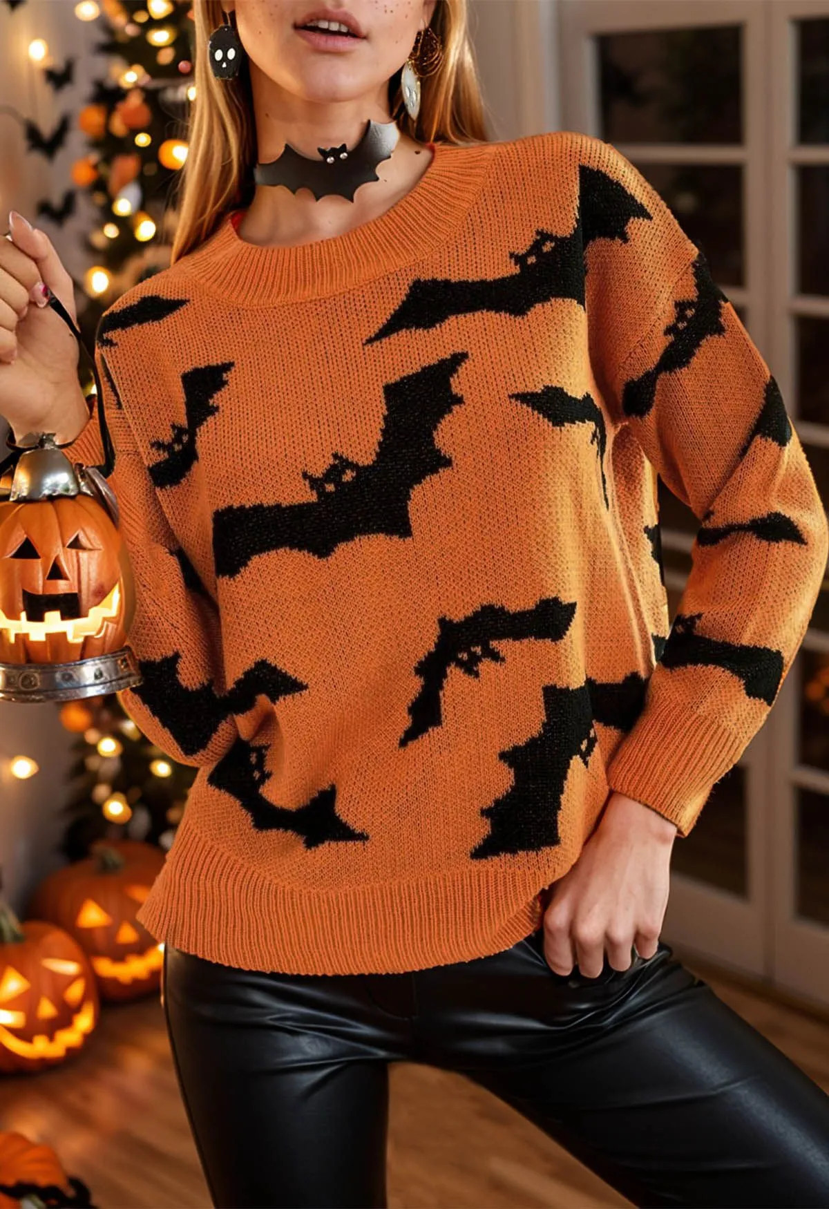 Spooky Bats Pattern Long-Sleeve Knit Sweater Halloween Costumes | Chicwish