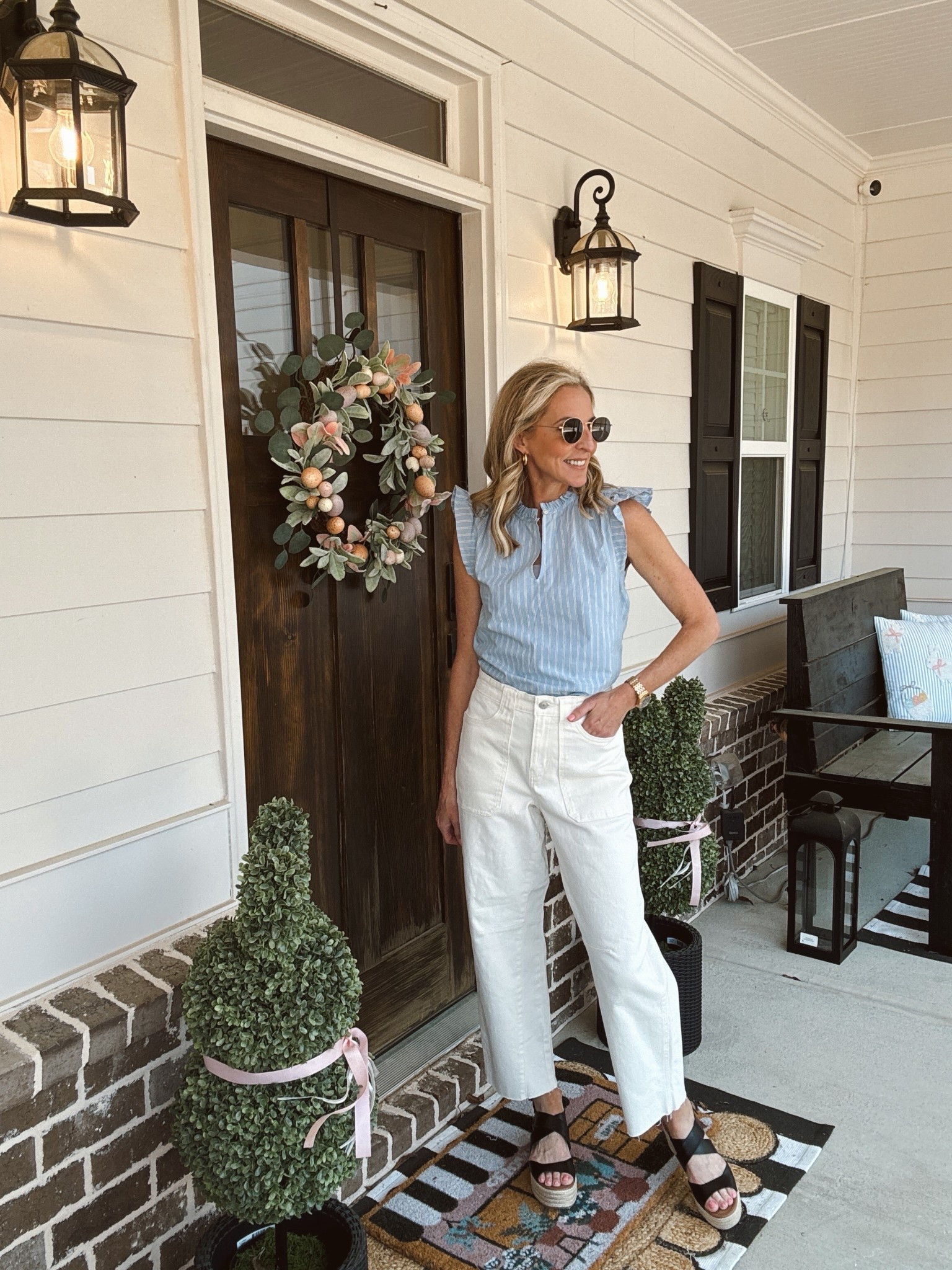 Turn up the sunny day charm with this $15 flutter sleeve top comes in six different colors. It’s breathable cotton and offers the elegance. You want pair it with your favorite denim… This pair is under $30 wearing a size is zero 