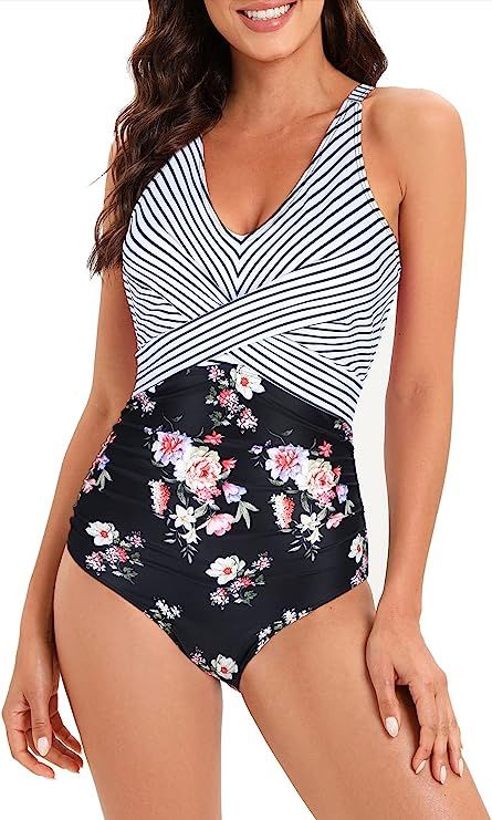 American Trends Womens One Piece Bathing Suits Color Block Print Criss Cross Back Swimsuits Athle... | Amazon (US)