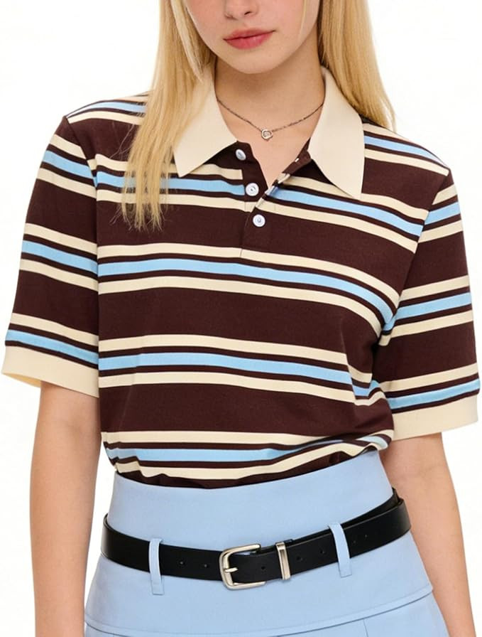 Women's Striped Polo T Shirt, Soft Cotton Knit 3-Button Short Sleeve Tees, Y2K Preppy Casual Girl... | Amazon (US)