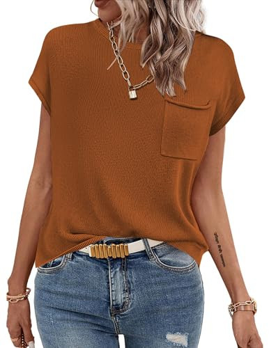 Zeagoo Women's Sleeveless Sweater Vest Fashion Cape Sleeve Crewneck Knit Ribbed Pullover Tank Tops Caramel S | Amazon (US)