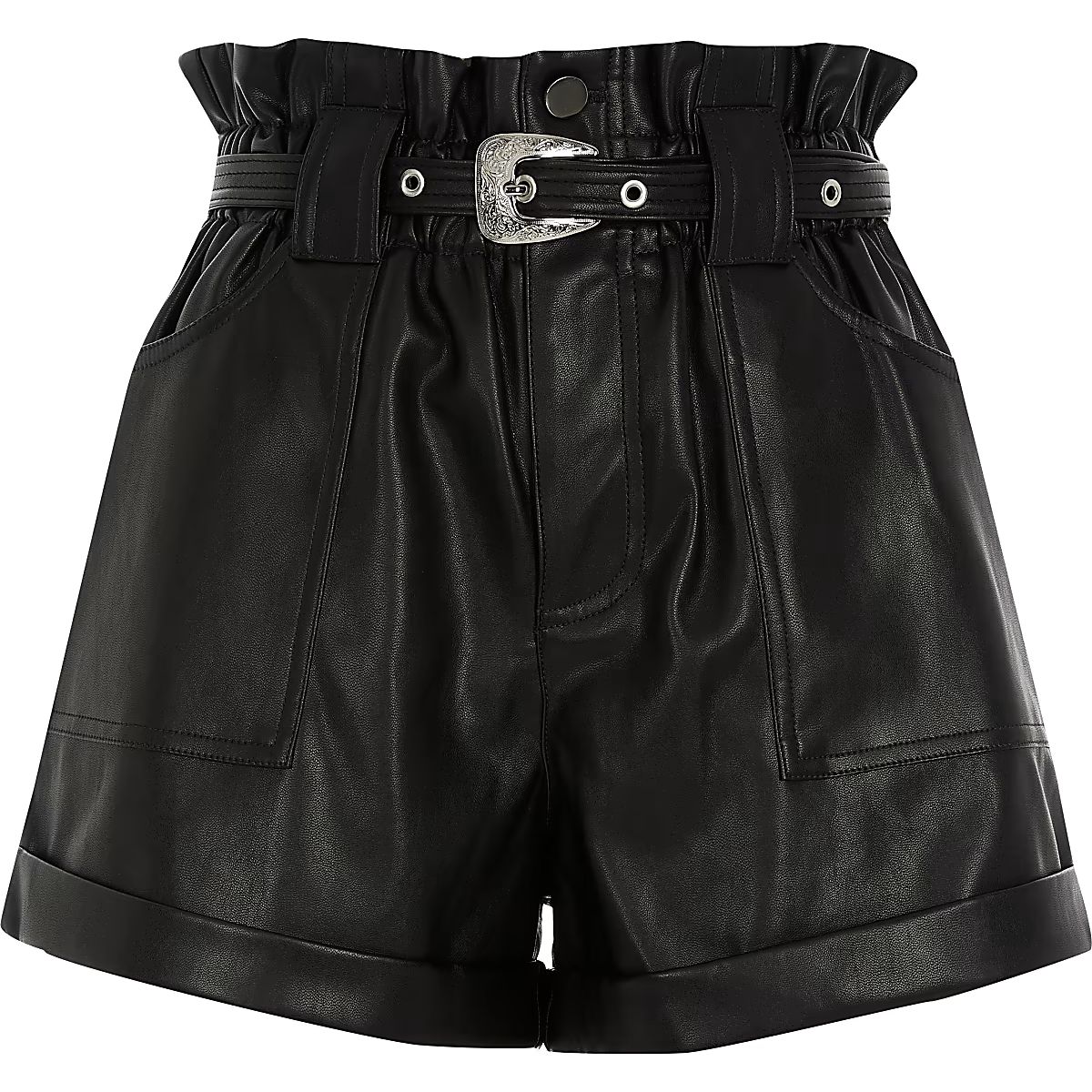 Black belted faux leather Mom shorts | River Island (US)