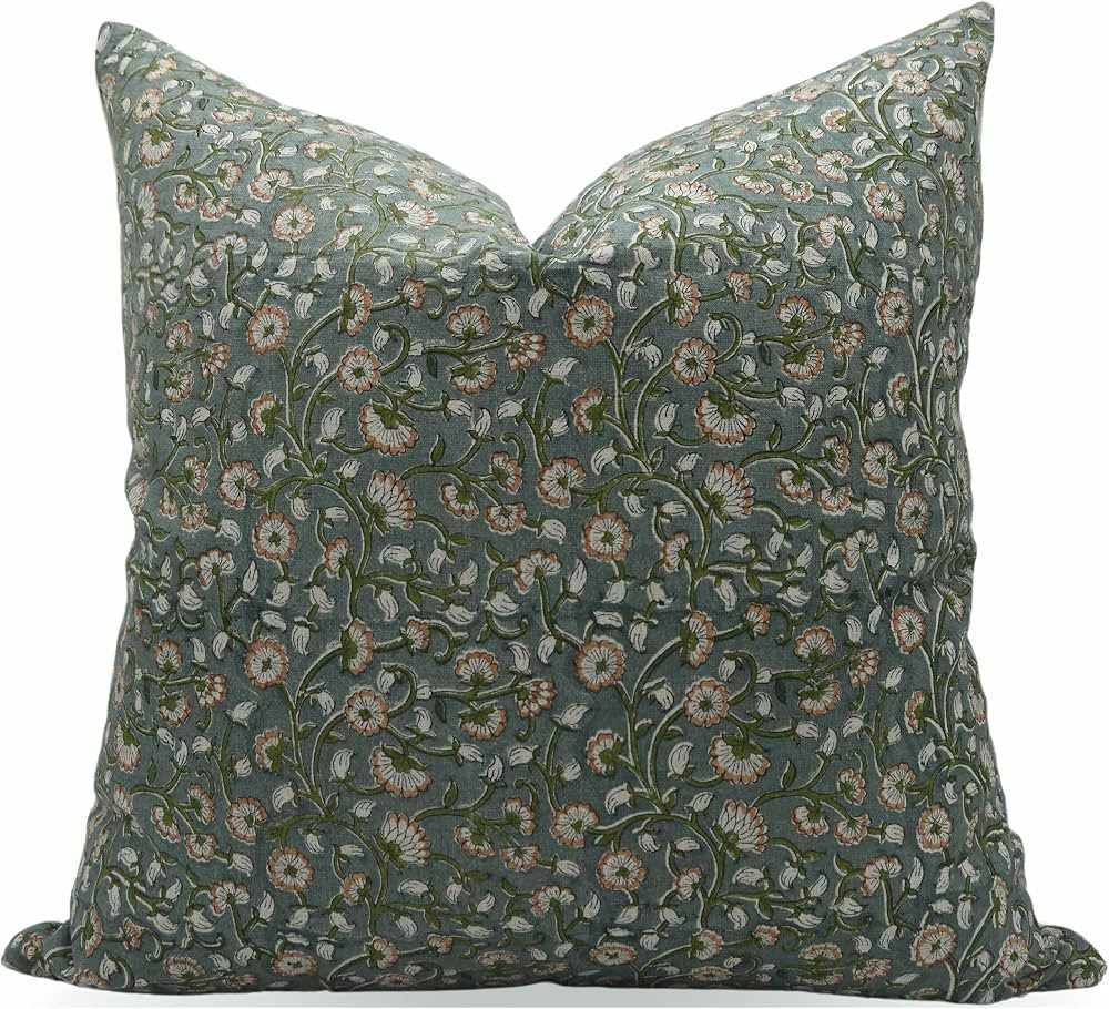 Floral Block Print Pure Linen 16X16 Inch Throw Pillow Case Cushion Cover for Sofa, Couch, Fall De... | Amazon (US)