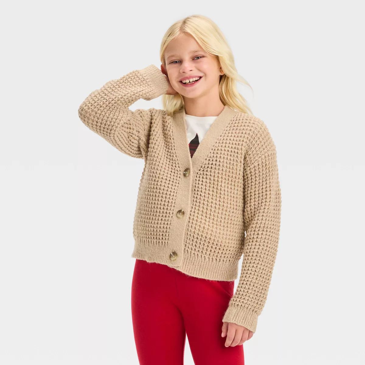 Girls' Button-Front Short Layering Cardigan - Cat & Jack™ Oatmeal Beige XL | Target