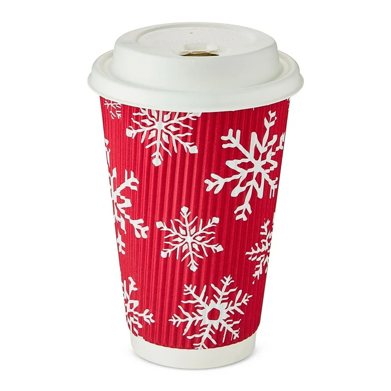 Snowflake Paper Coffee Cups with Plastic Lids, Red and White, 16 oz, 6 Count, by Holiday Time | Walmart (US)
