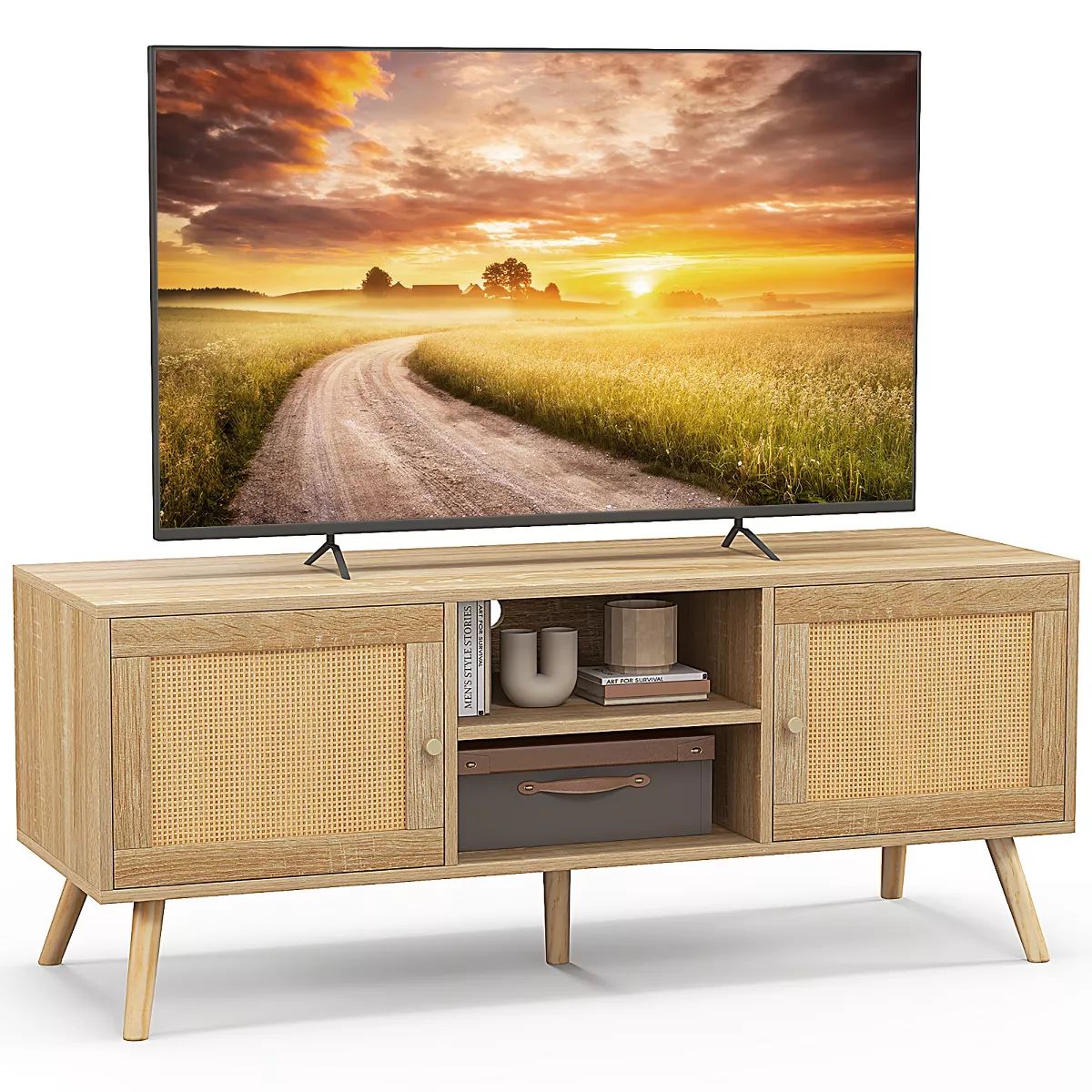 TV Stand for TVs up to 55" PE Rattan Media Console Table w/ 2 Cabinets & Open Shelves Natural | Target