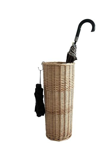JAJAGOU Natural Rattan Umbrella Stand for Entryway, 21.2H x 9.4L x 9.4W, Detachable Drip Tray & 2 Metal Hooks – Storage for Umbrellas, Canes & Walking Sticks, Stylish Home Decor | Amazon (US)