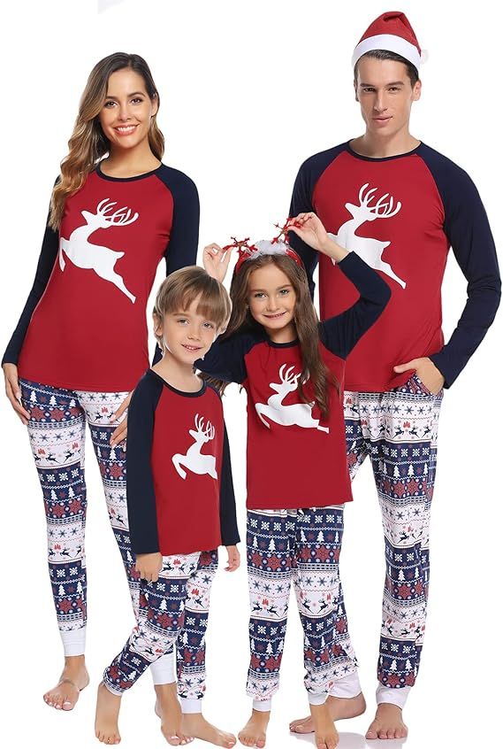 Couples Christmas Matching Pajamas Set Holiday PJs Sleepwear Xmas Deer Printed Top Jogger Pant wi... | Amazon (US)