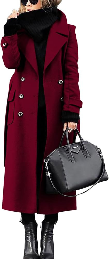 chouyatou Women's Winter Double Breasted Wool Coat Business Casual Long Winter Pea Coat with Belt | Amazon (US)