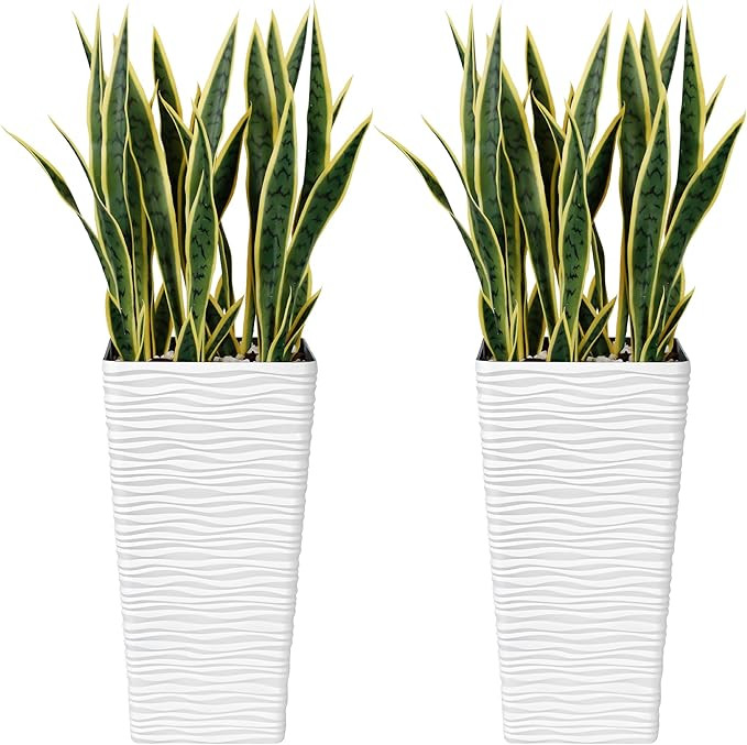 KOL 25.6'' 20PCS Artificial Yellow Snake Plants & 2-Pack 22" White Tall Square Planter, Free Comb... | Amazon (US)