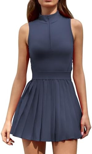 QINSEN Womens Zip Front Tennis Dress High Neck Pleated Sleeveless Two Pieces Golf Athletic Dress ... | Amazon (US)