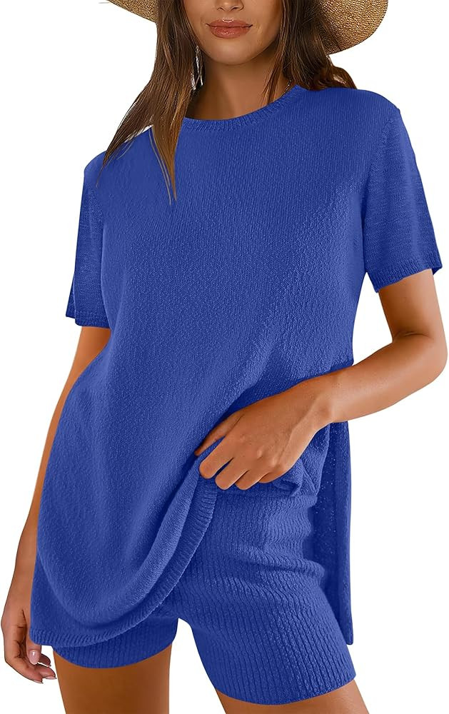 ANRABESS Women Summer 2 Piece Outfits Knit Short Sets Casual Sweater Top & Shorts Matching Lounge... | Amazon (US)