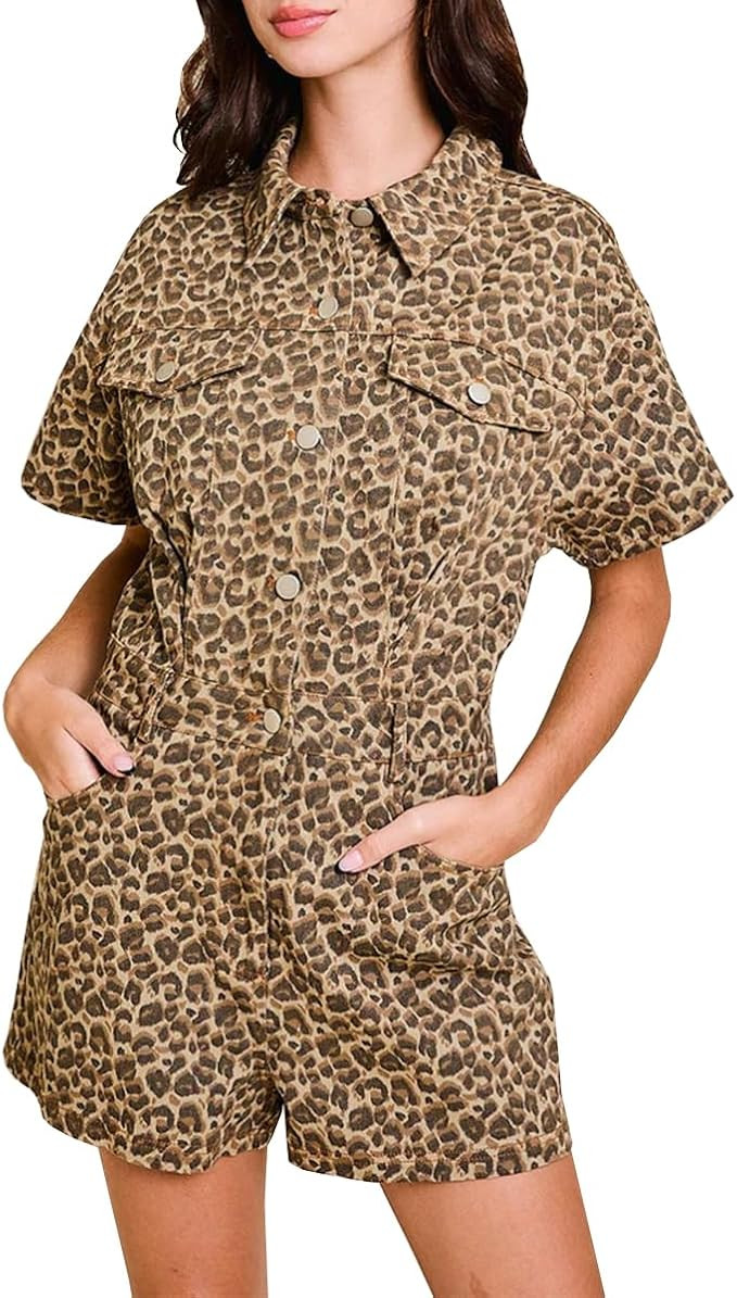 Women's High Waist Short Sleeves Denim Jumpsuit Stretch Buttons Lapel Leopard Print Jean Shorts R... | Amazon (US)