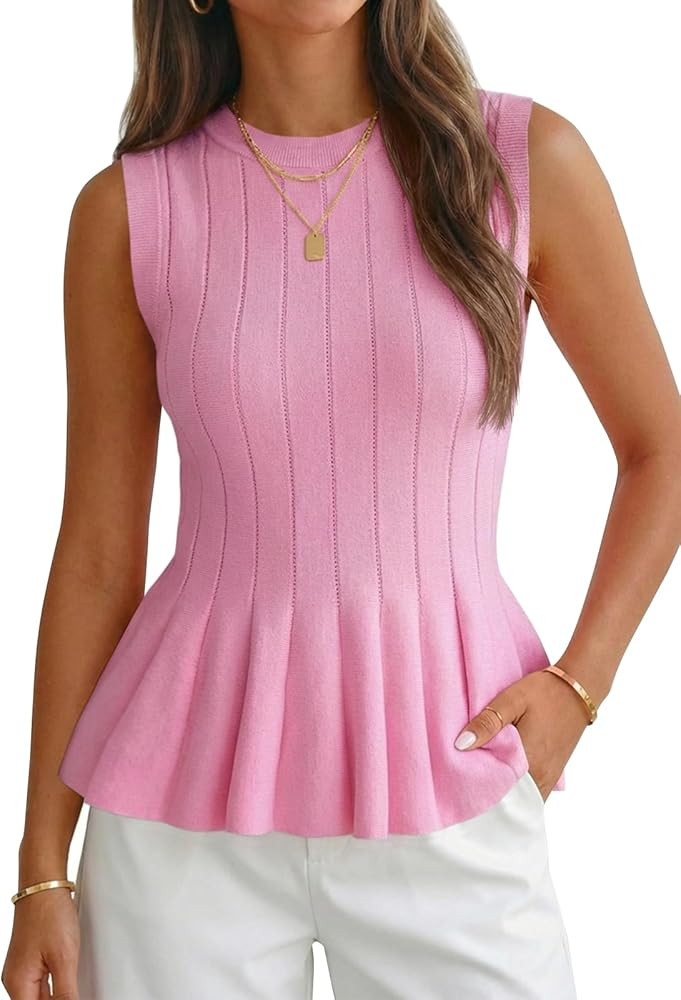 Cicy Bell Womens Pleated Peplum Tank Tops Fitted Ribbed Knit Crew Neck Blouses Summer Sweater Ves... | Amazon (US)