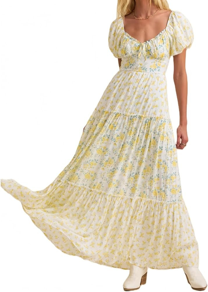 Women Summer Floral Maxi Dress Patchwork Puff Short Sleeve V Neck Sundress Flowy Tiered Garden Ca... | Amazon (US)