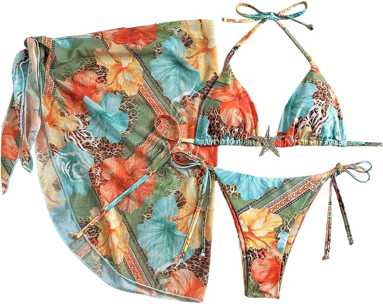 Verdusa Women's 3 Piece Floral Halter Triangle Bikini Set Tie Back Swimsuit with Cover Up Skirt S... | Amazon (US)