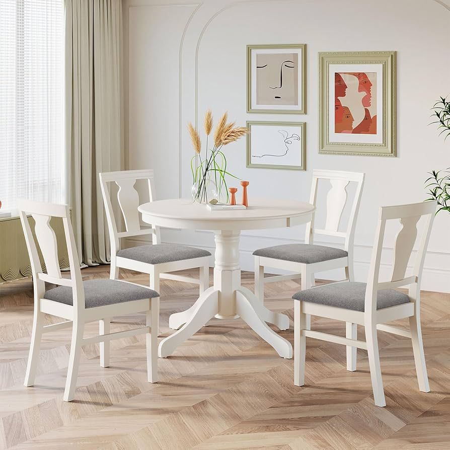 KASUE Mid-Century Wood 5-Piece Round Dining Table Set with 4 Upholstered Chairs for Small Places,... | Amazon (US)