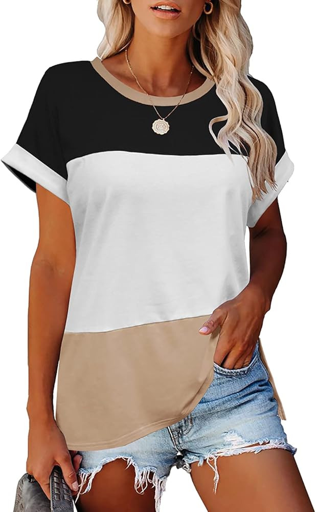 Odosalii Womens Tops Summer Short Sleeve Shirts Cute Color Block T-Shirts Casual Loose Fit Side S... | Amazon (US)