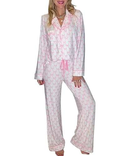 Kissonic Women 2 Piece Pajamas Set Heart Printed Button Down Long Sleeve Pjs Y2k Bow Shirt and Pant Cute Pj Outfits(Pink-L) | Amazon (US)