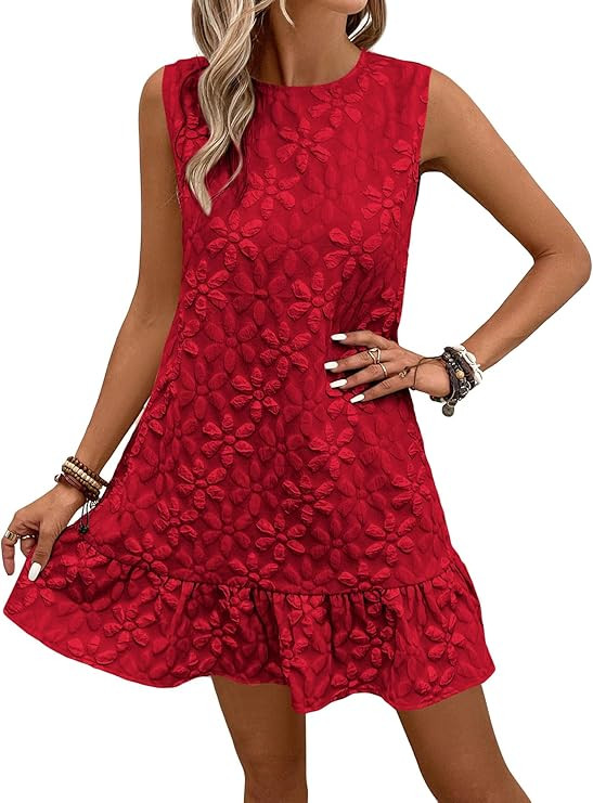 SOLY HUX Women's Ruffle Hem Sleeveless Tank Dress Round Neck Casual Jacquard Hem Smock Summer Min... | Amazon (US)