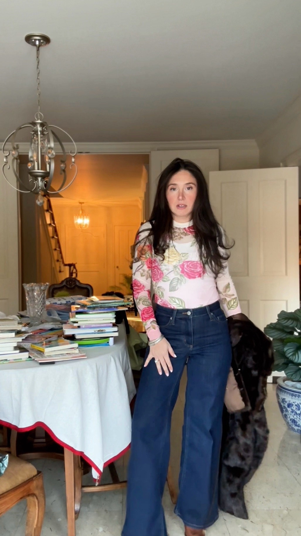 Galentine’s Day Brunch OOTD - loving these @Target wide leg jeans I got the 2 SHORT (I’m 5 ft tall)! Paired with this @AFRM mesh roses too & brown suede boots from Amazon 

#LTKPetite #LTKValentine #LTKootd