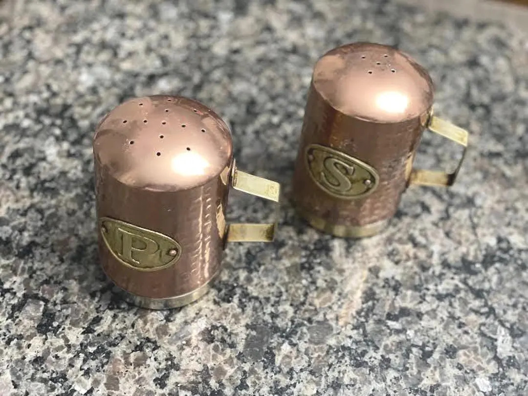 A Pair of Copper and Brass Salt and Pepper Shakers Set: Vintage Serveware Accessories, Tableware ... | Etsy (US)