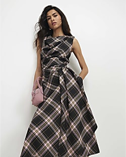 Pink Check Cowl Neck Asymmetric Midi Dress | River Island UK & IE