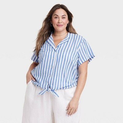 Women's Linen Short Sleeve Collared Button-Down Shirt - Ava & Viv™ | Target