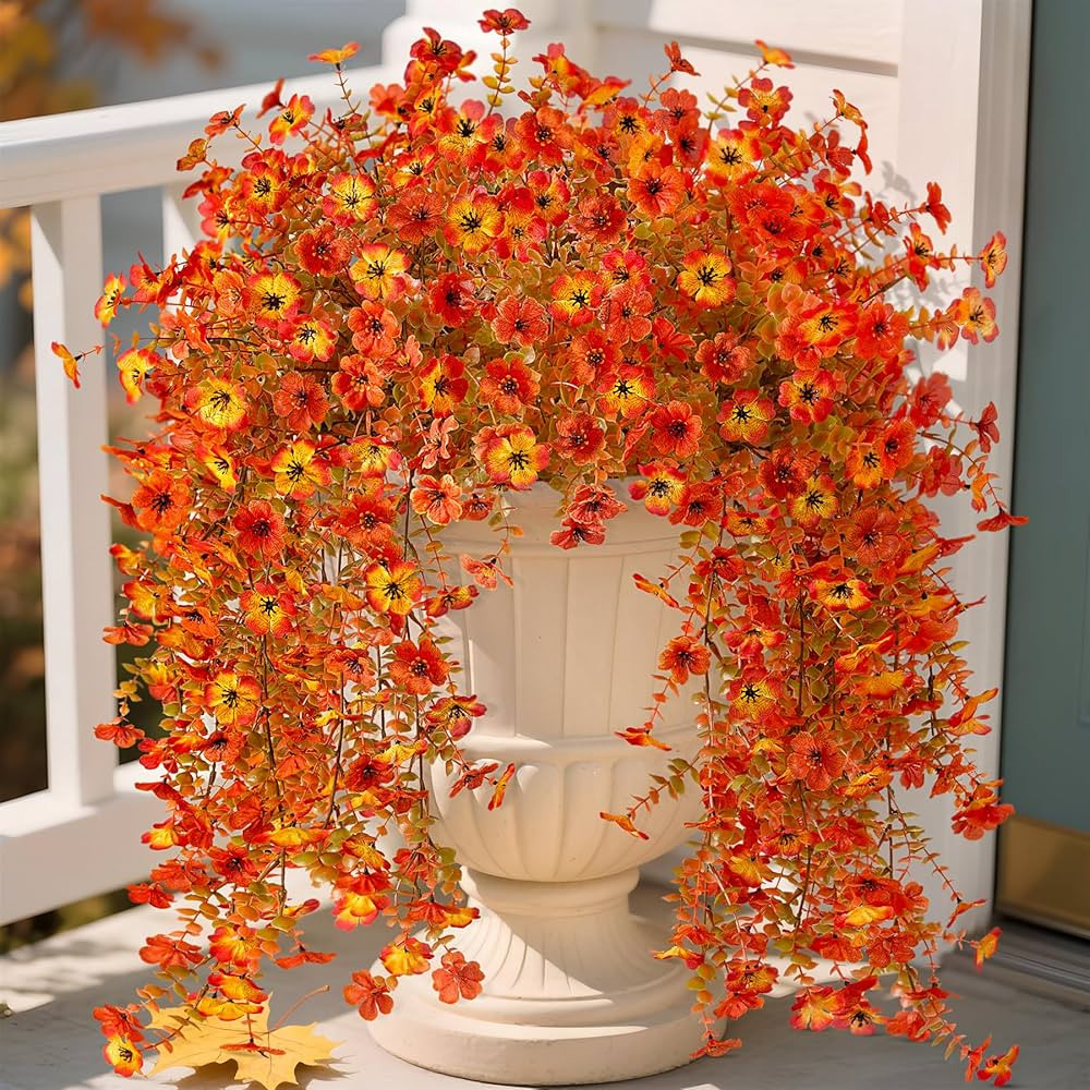 Fake Mums Artificial Fall Hanging Flowers for Outdoors Decoration 2 PCS Faux Mums for Outdoor Pla... | Amazon (US)