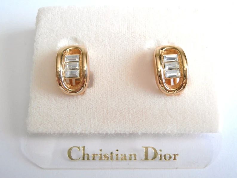 Christian Dior Signed Gold Plated Clip On  Earrings Set with Clear Crystals | Etsy (US)
