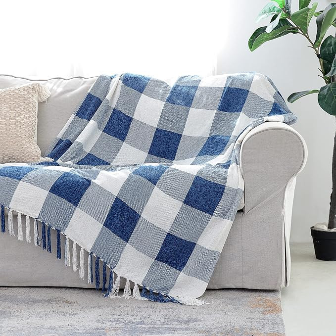 Blue White Buffalo Plaid Decor Blanket, Lightweight Soft Chenille Check Knitted Rustic Farmhouse ... | Amazon (US)