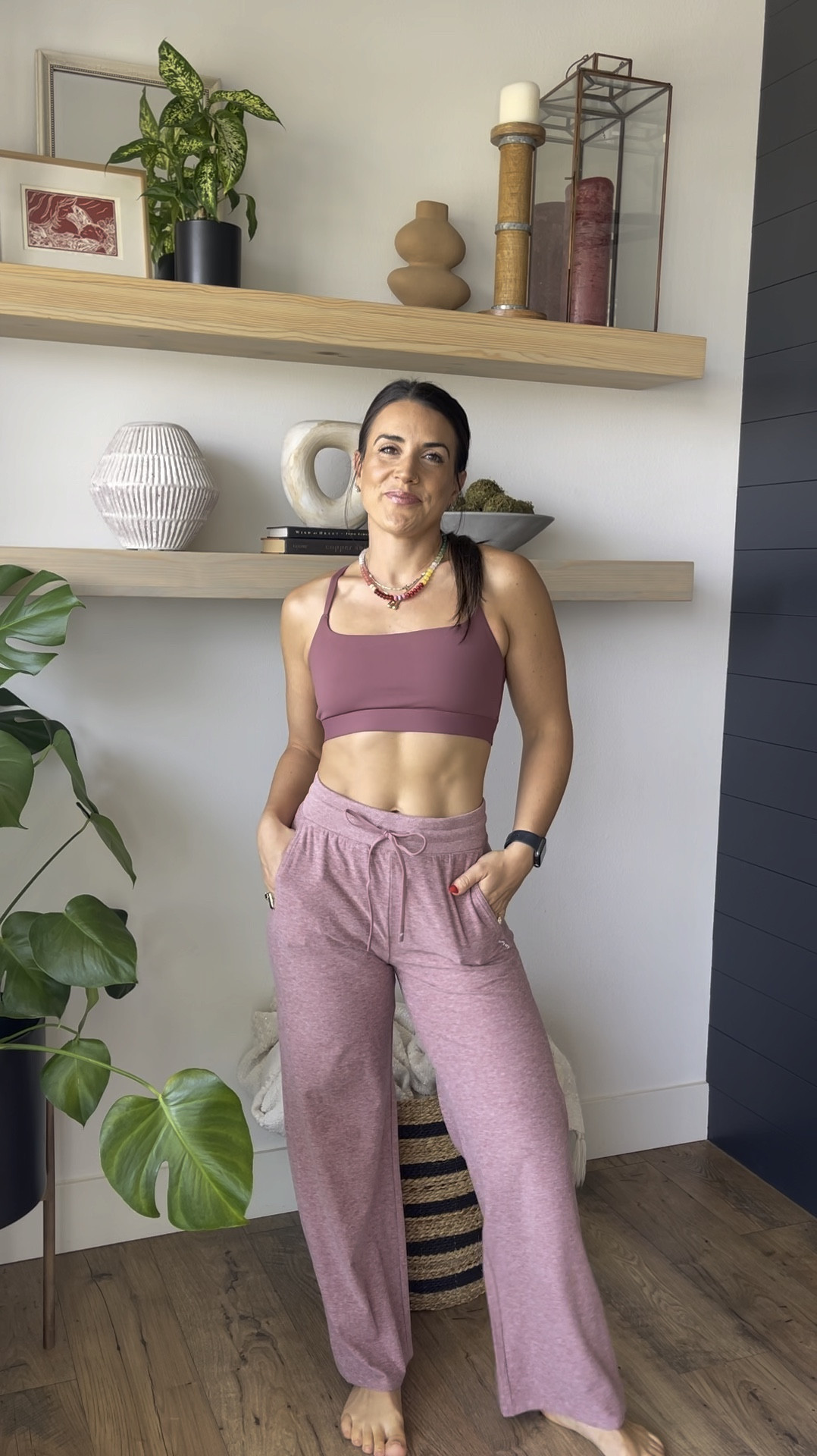 Fabletics. 
Lounge pants. 
Comfy cozy. 
Mauve. 
Sports bra. 
Wide leg pants. 
Affordable athletic wear. 
Fitness attire. 
High waisted pants  

#LTKFitness #LTKActive #LTKFindsUnder100