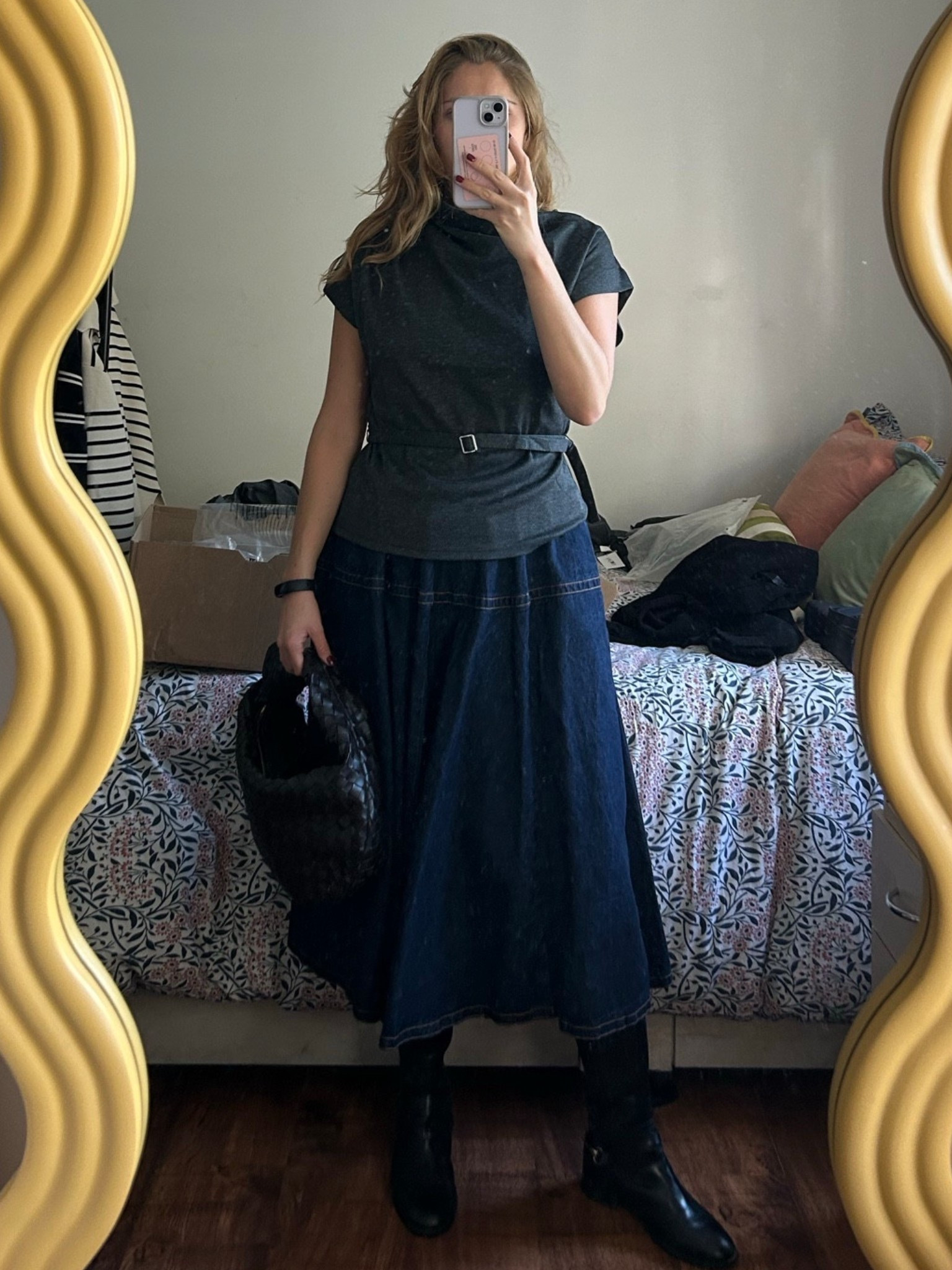 grey knitted top, work outfit, workwear, denim midi skirt, black knee high leather boots, bottega jodie bag, winter workwear 

 #LTKuk #LTKwinter #LTKworkwear