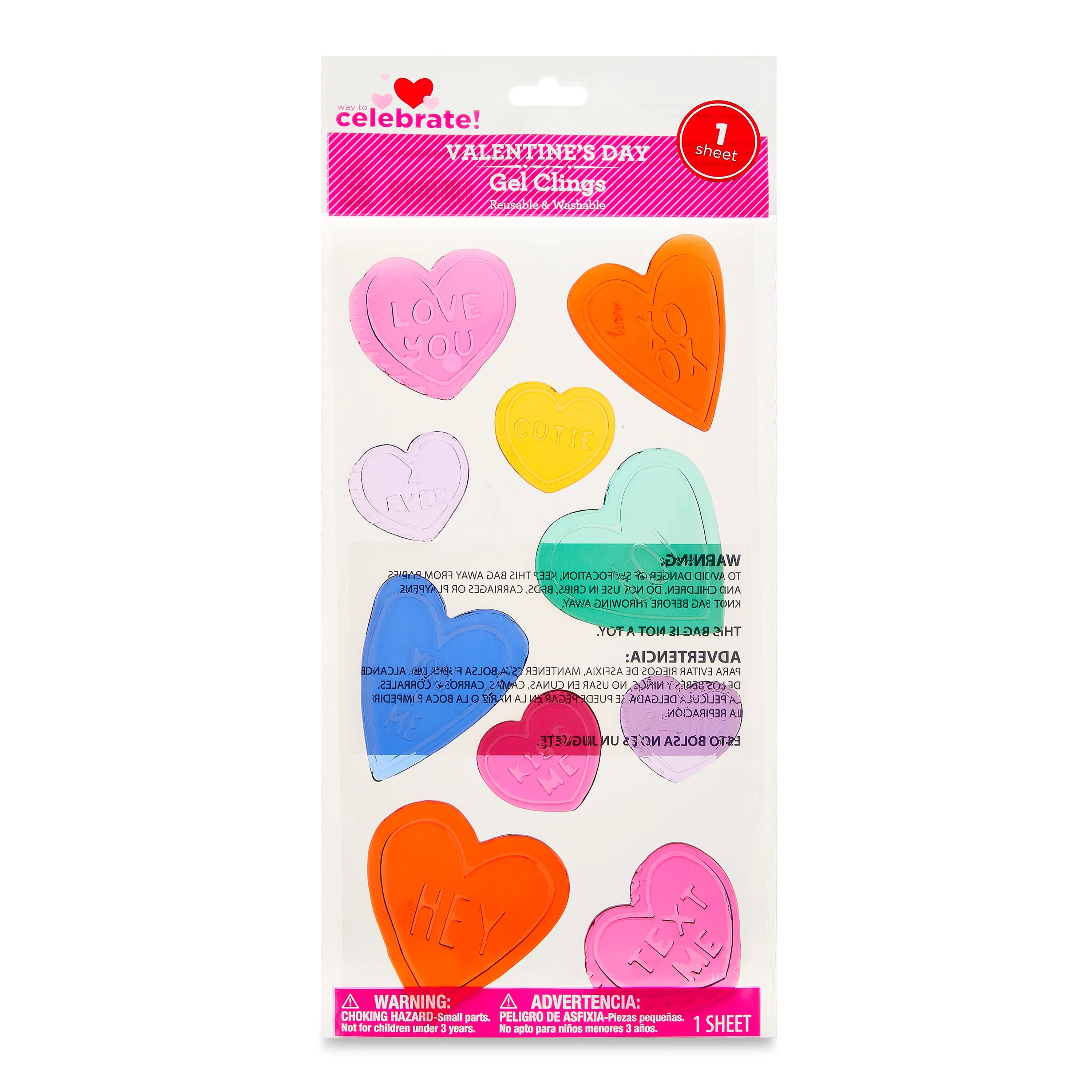 Valentine's Day Heart Gel Clings, 5.5in x12in, Wall Clings, Red, Adult - Way to Celebrate | Walmart (US)